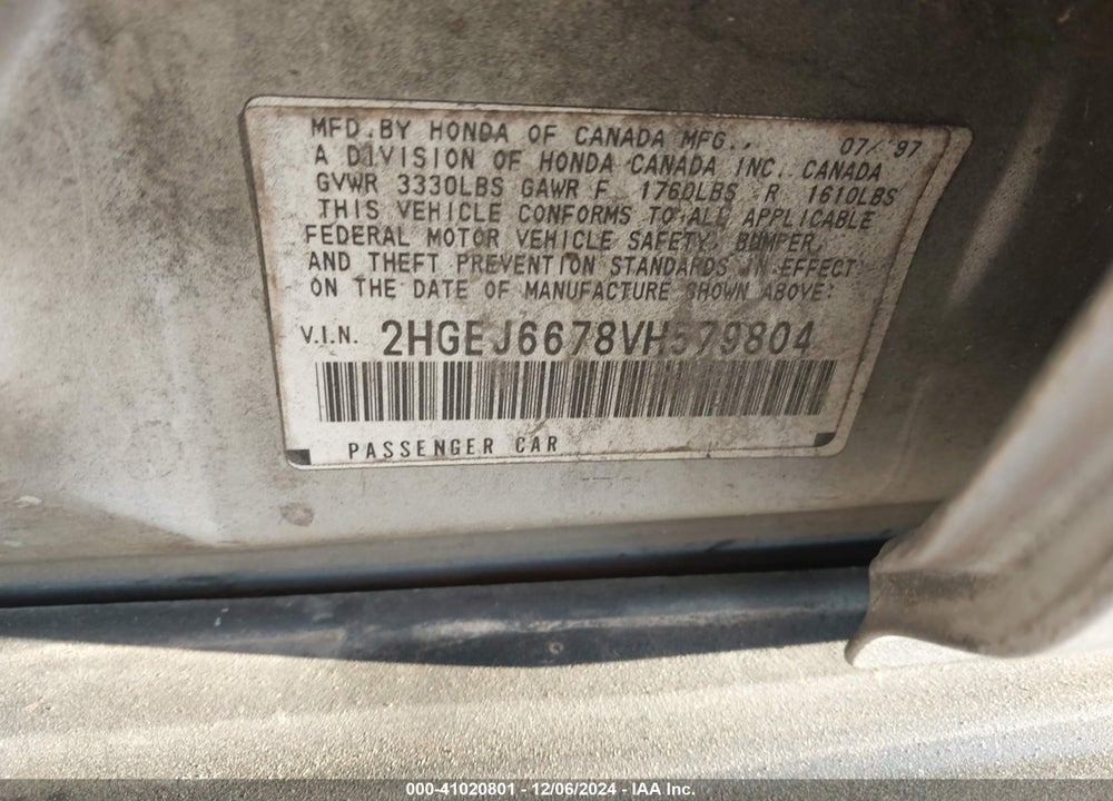 1997 HONDA CIVIC LX VIN: 2HGEJ6678VH579804