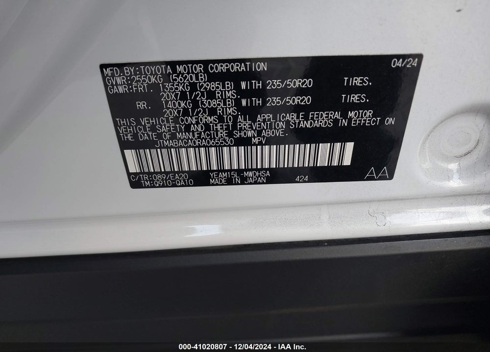 2024 TOYOTA BZ4X LIMITED VIN: JTMABACA0RA065530
