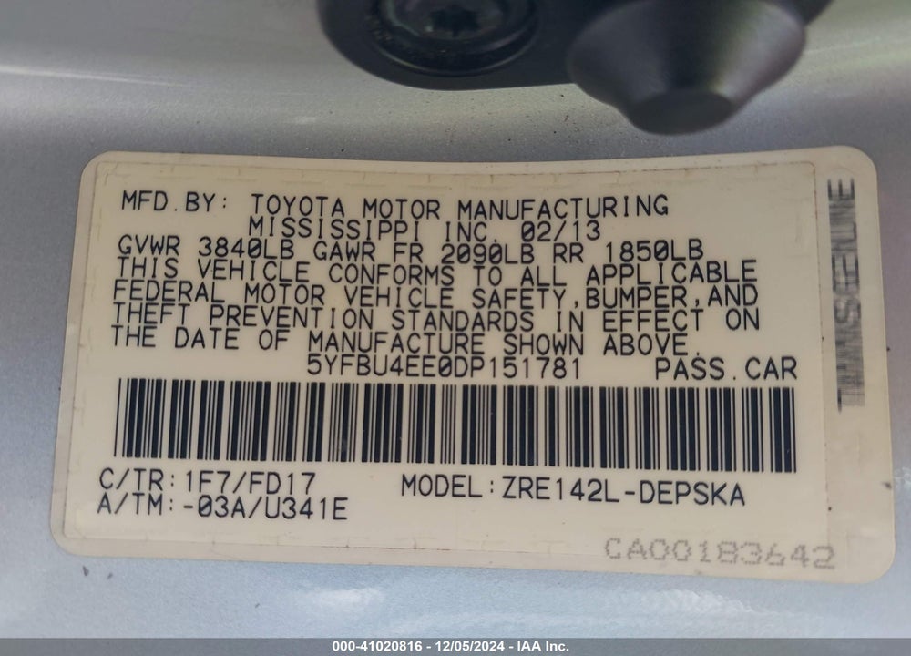 2013 TOYOTA COROLLA S VIN: 5YFBU4EE0DP151781