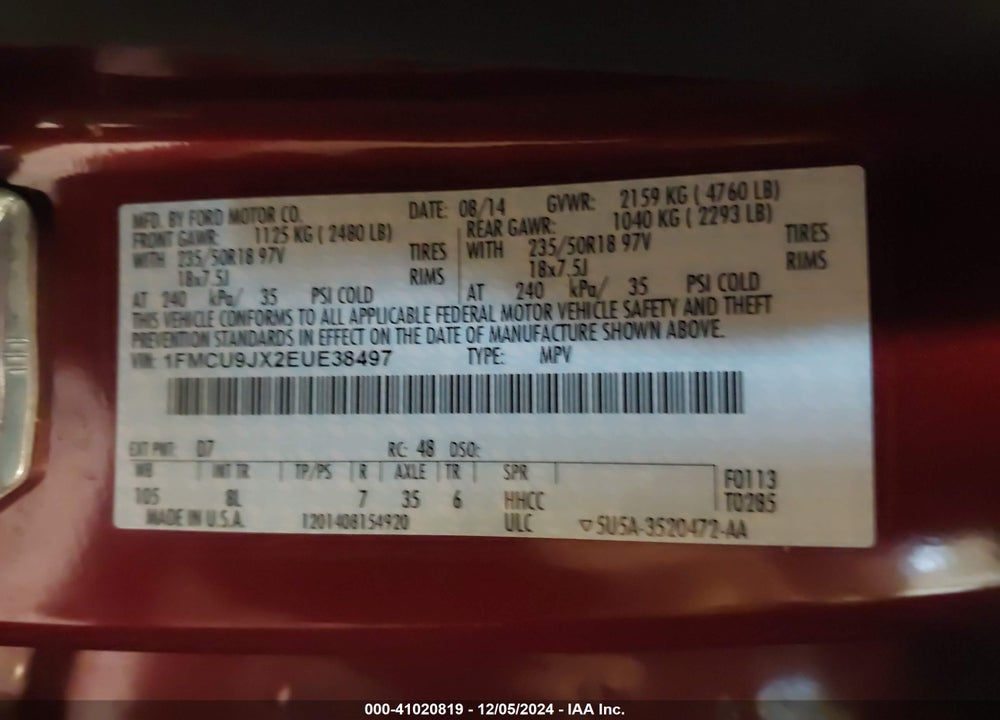 2014 FORD ESCAPE TITANIUM VIN: 1FMCU9JX2EUE38497