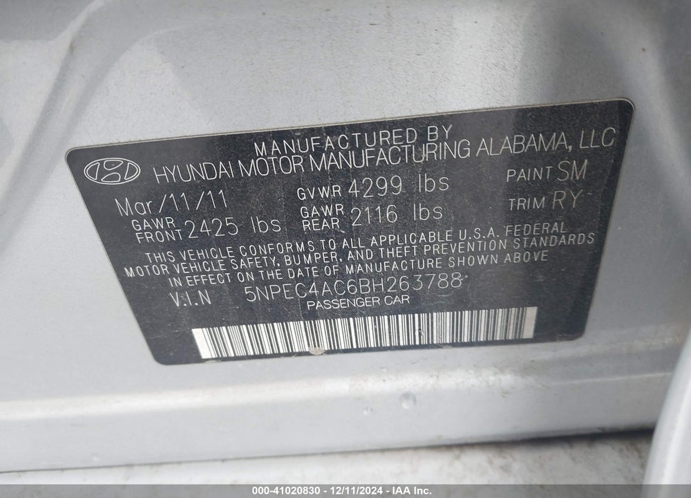 2011 HYUNDAI SONATA LIMITED VIN: 5NPEC4AC6BH263788