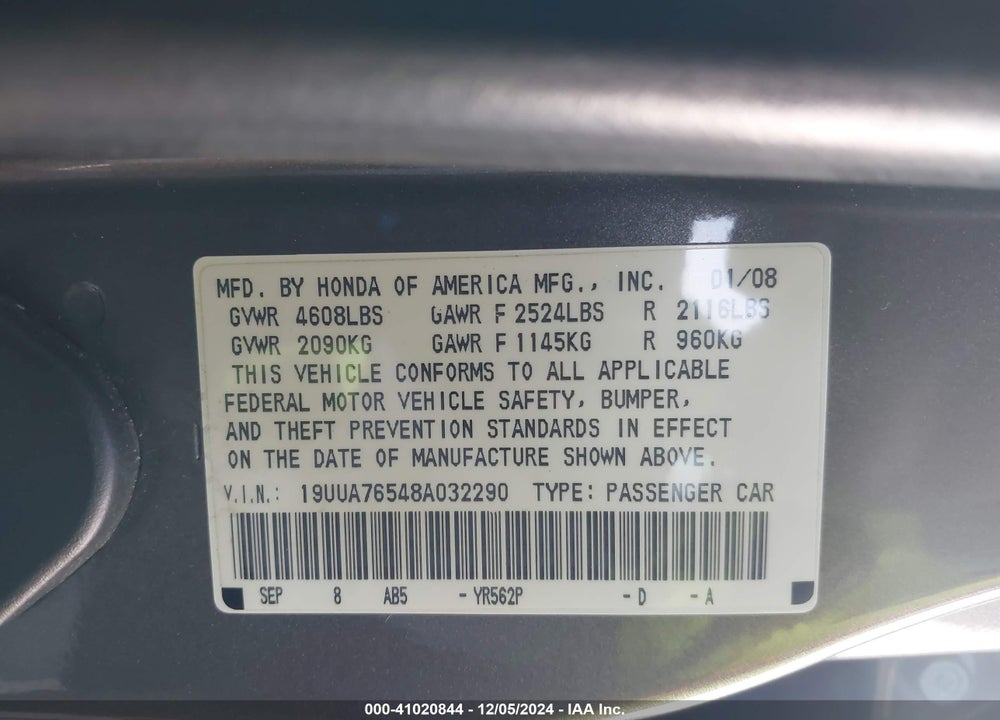 2008 ACURA TL TYPE S VIN: 19UUA76548A032290