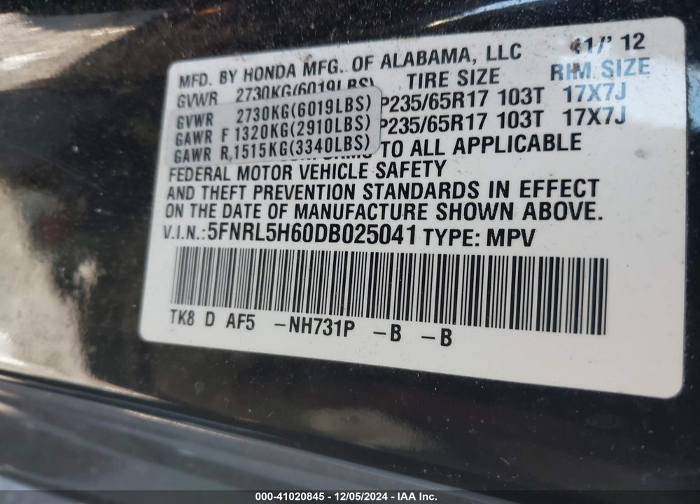 2013 HONDA ODYSSEY EX-L VIN: 5FNRL5H60DB025041