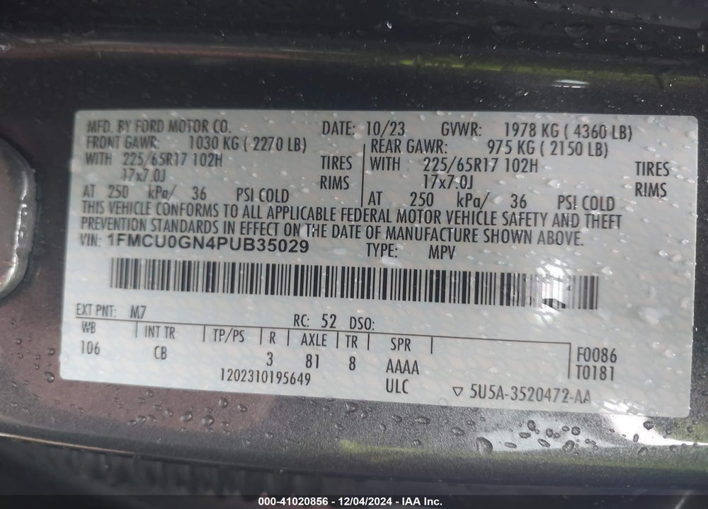 2023 FORD ESCAPE ACTIVE VIN: 1FMCU0GN4PUB35029