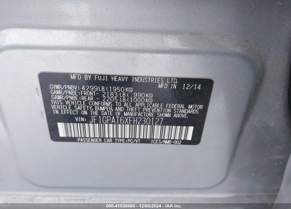 2015 SUBARU IMPREZA 2.0I SPORT PREMIUM VIN: JF1GPAT6XFH230127