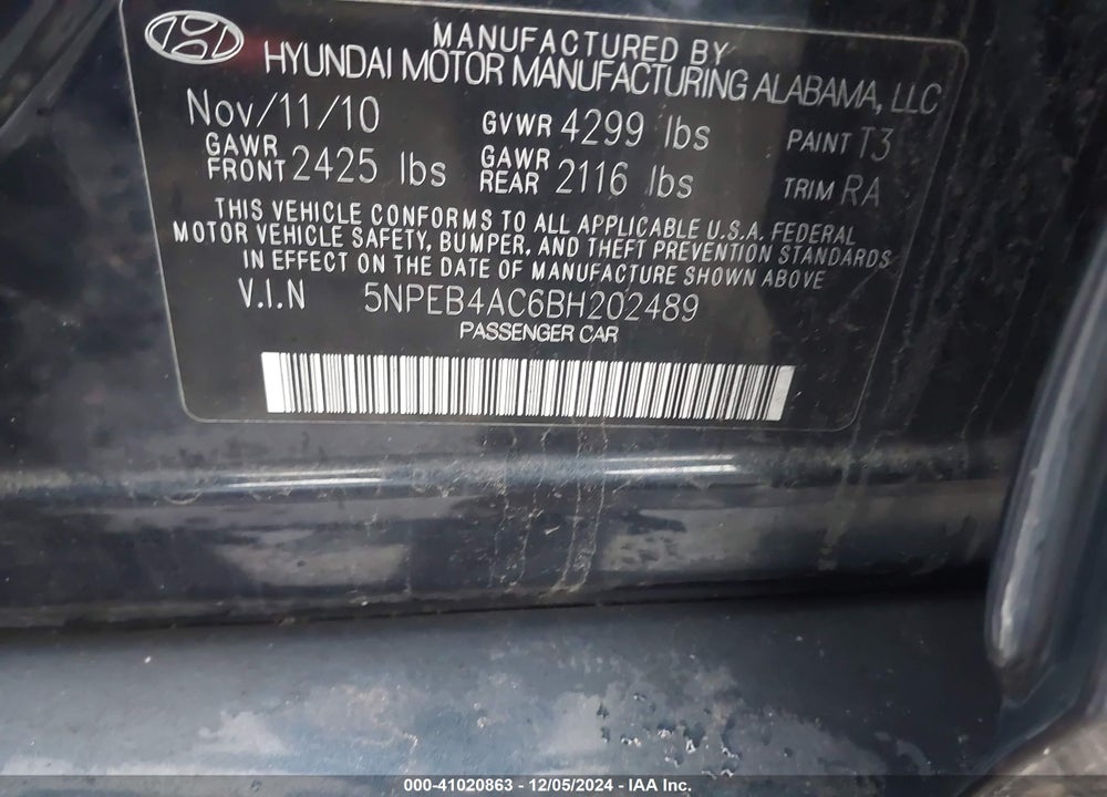 2011 HYUNDAI SONATA GLS VIN: 5NPEB4AC6BH202489