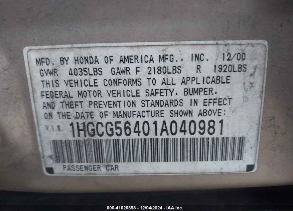 2001 HONDA ACCORD 2.3 LX VIN: 1HGCG56401A040981