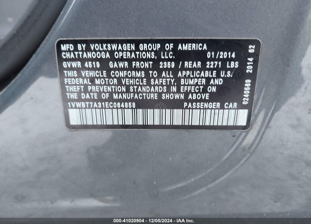 2014 VOLKSWAGEN PASSAT VIN: 1VWBT7A31EC064858