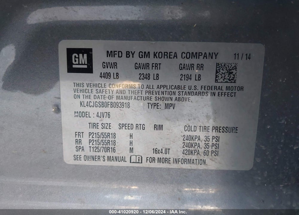 2015 BUICK ENCORE LEATHER VIN: KL4CJGSB0FB093918
