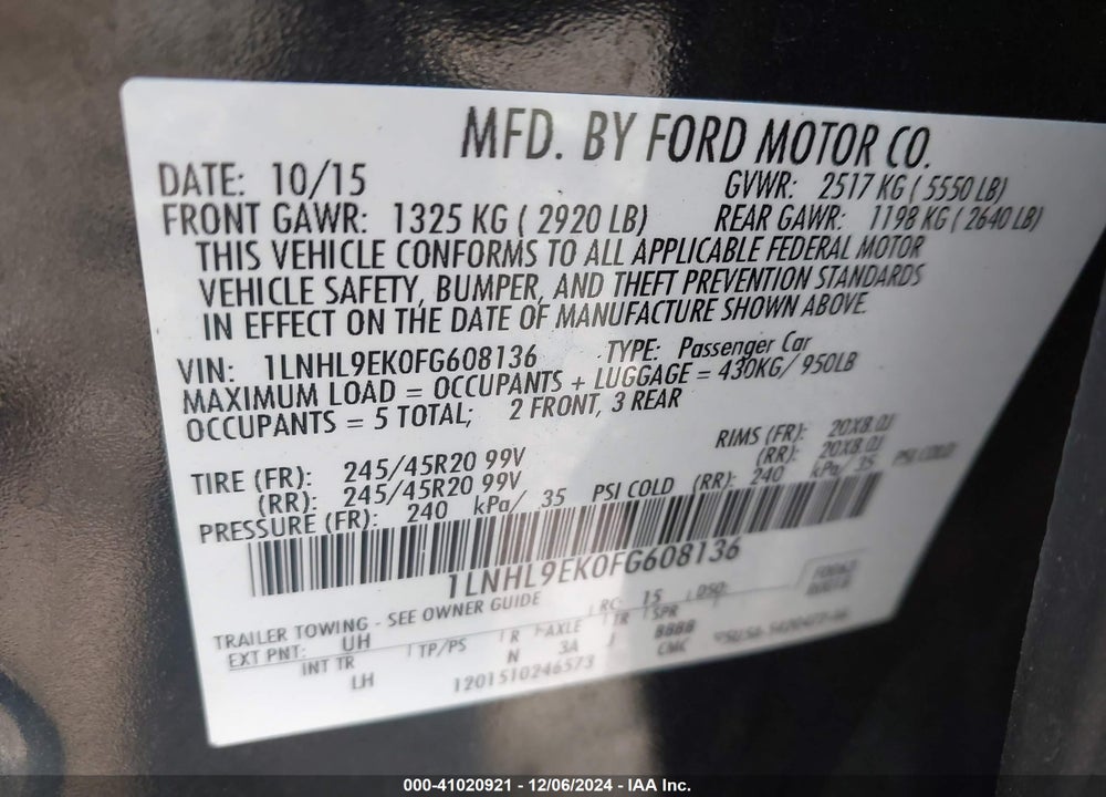 2015 LINCOLN MKS VIN: 1LNHL9EK0FG608136