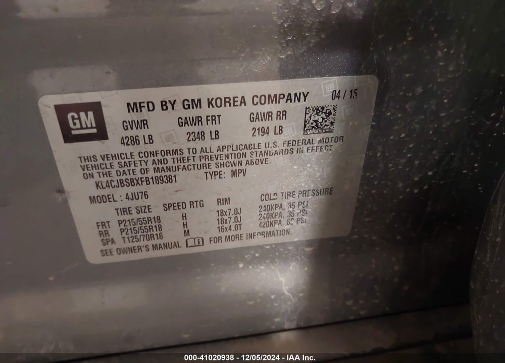 2015 BUICK ENCORE CONVENIENCE VIN: KL4CJBSBXFB189381