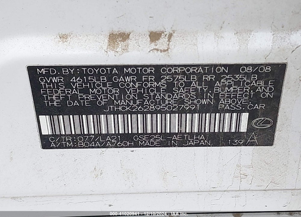 2009 LEXUS IS 250 VIN: JTHCK262895027991