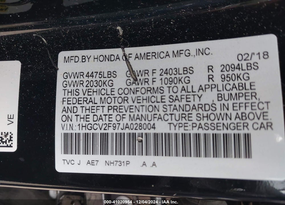 2018 HONDA ACCORD TOURING 2.0T VIN: 1HGCV2F97JA028004