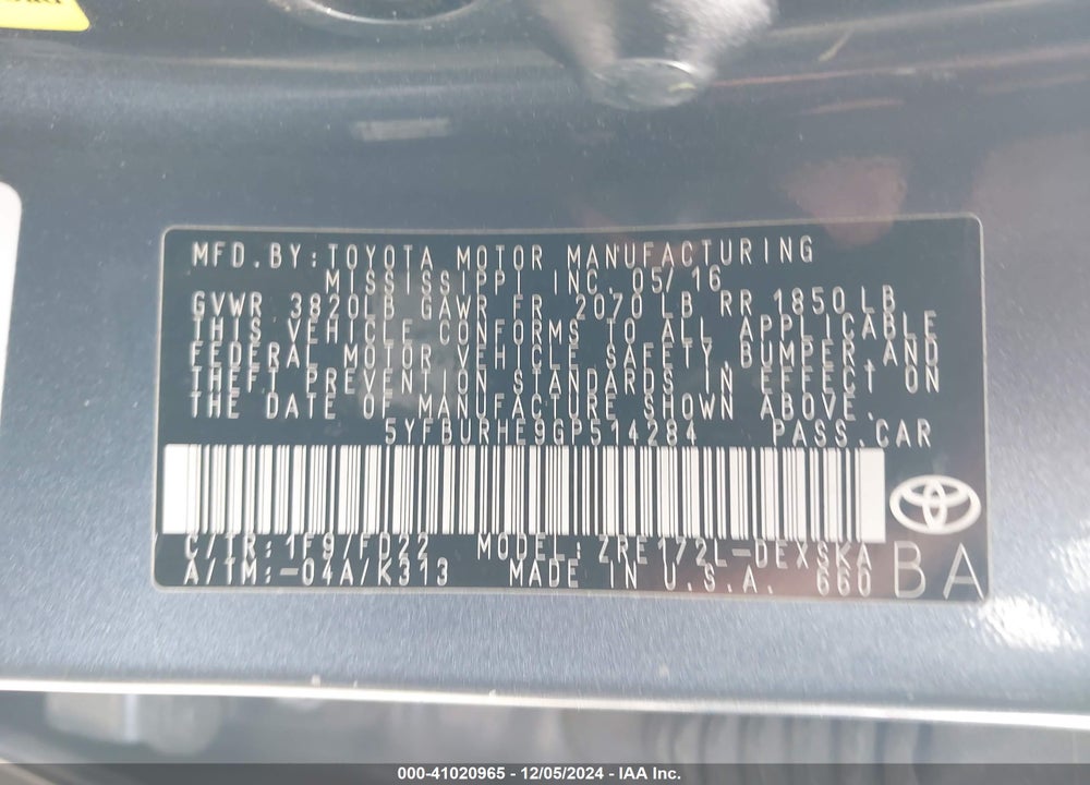 2016 TOYOTA COROLLA S PLUS VIN: 5YFBURHE9GP514284