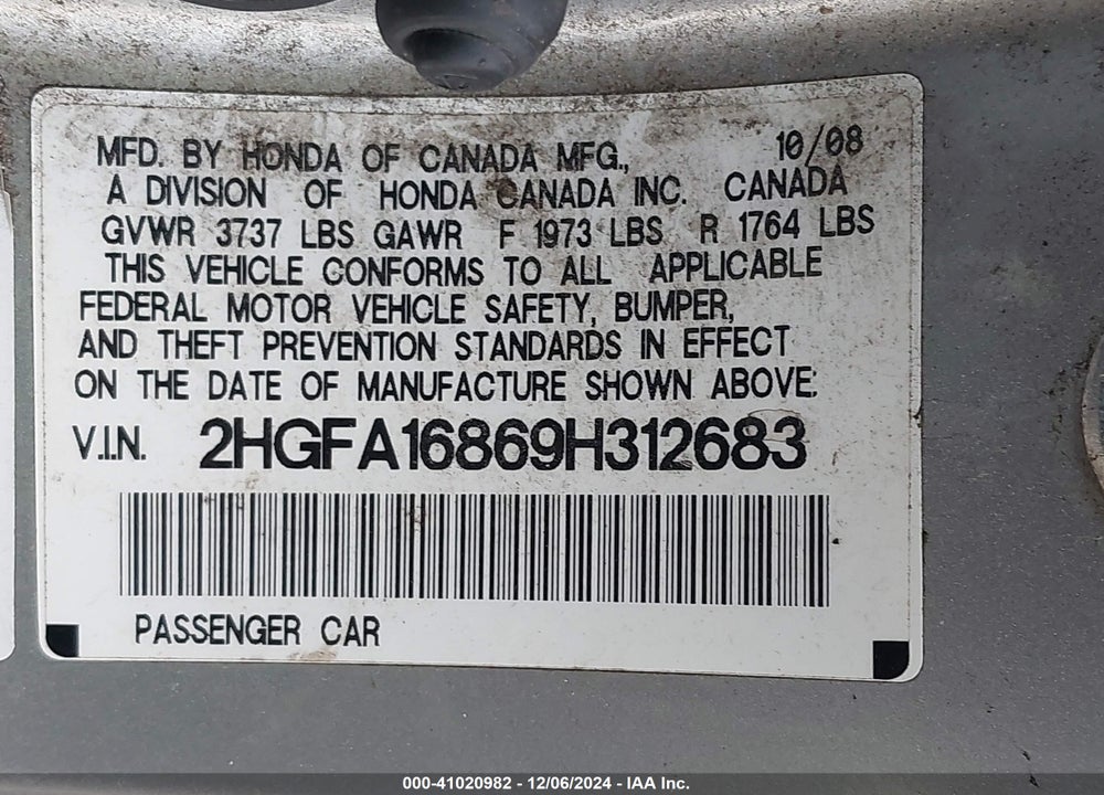 2009 HONDA CIVIC EX VIN: 2HGFA16869H312683