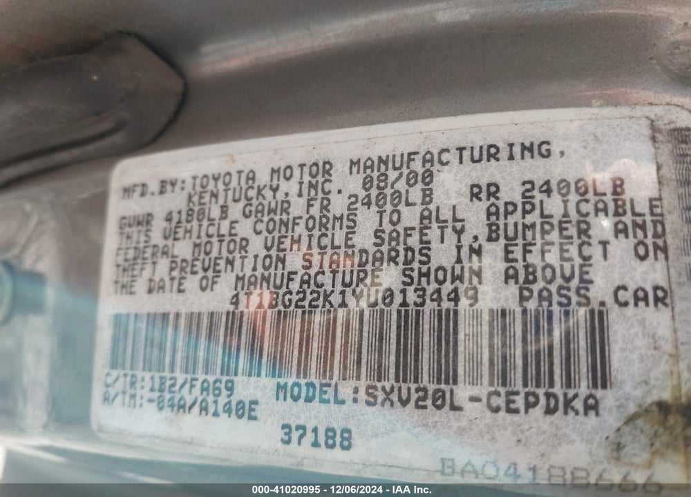 2000 TOYOTA CAMRY CE VIN: 4T1BG22K1YU013449