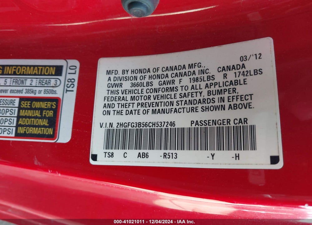 2012 HONDA CIVIC LX VIN: 2HGFG3B56CH537246