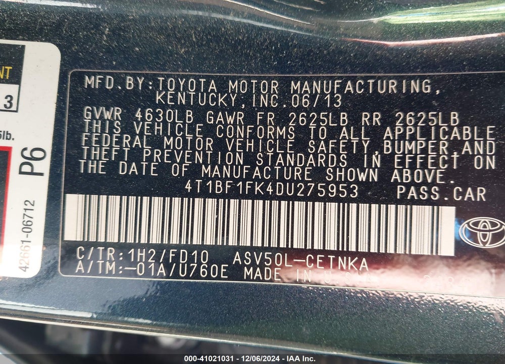2013 TOYOTA CAMRY LE VIN: 4T1BF1FK4DU275953