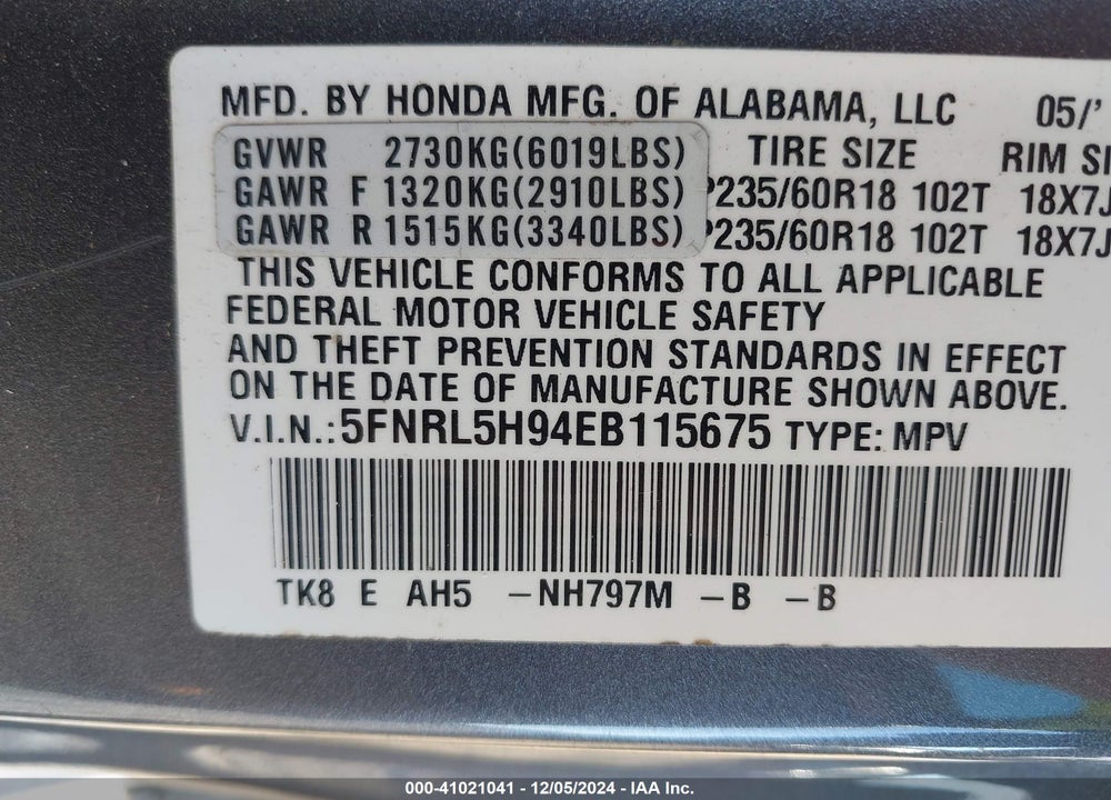 2014 HONDA ODYSSEY TOURING/TOURING ELITE VIN: 5FNRL5H94EB115675