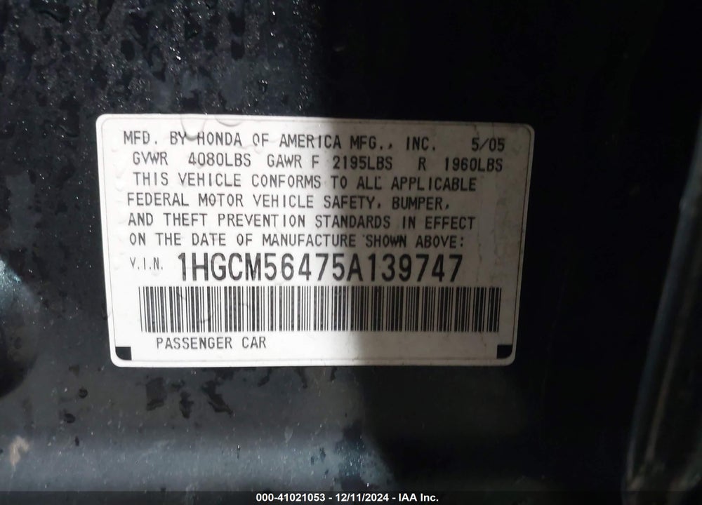 2005 HONDA ACCORD 2.4 LX VIN: 1HGCM56475A139747