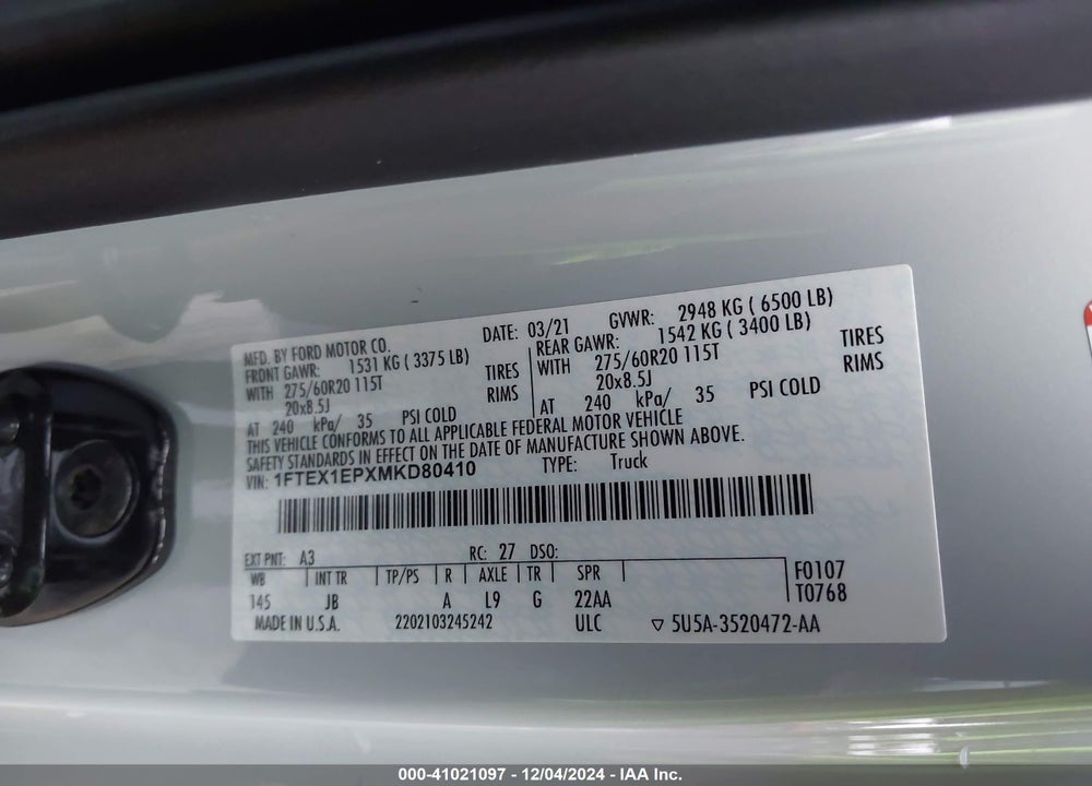 2021 FORD F-150 XL VIN: 1FTEX1EPXMKD80410