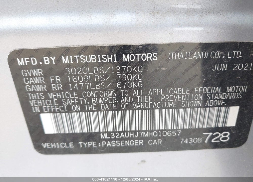 2021 MITSUBISHI MIRAGE CARBONITE EDITION/ES/LE VIN: ML32AUHJ7MH010657
