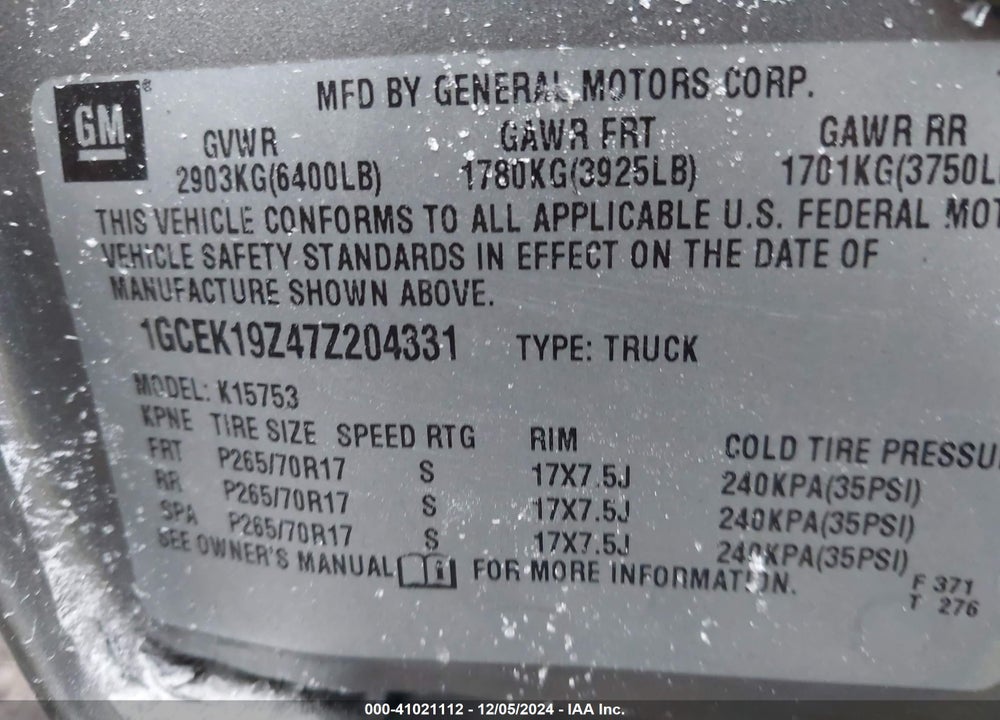 2007 CHEVROLET SILVERADO 1500 CLASSIC LT1 VIN: 1GCEK19Z47Z204331