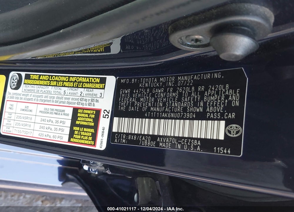 2022 TOYOTA CAMRY VIN: 4T1T11AK6NU073904