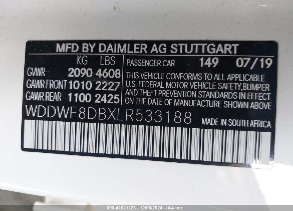 2020 MERCEDES-BENZ C 300 VIN: WDDWF8DBXLR533188