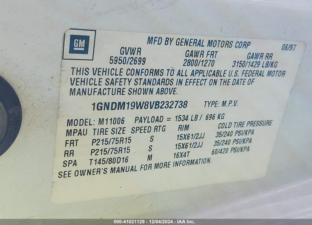 1997 CHEVROLET ASTRO LS CMI VIN: 1GNDM19W8VB232738