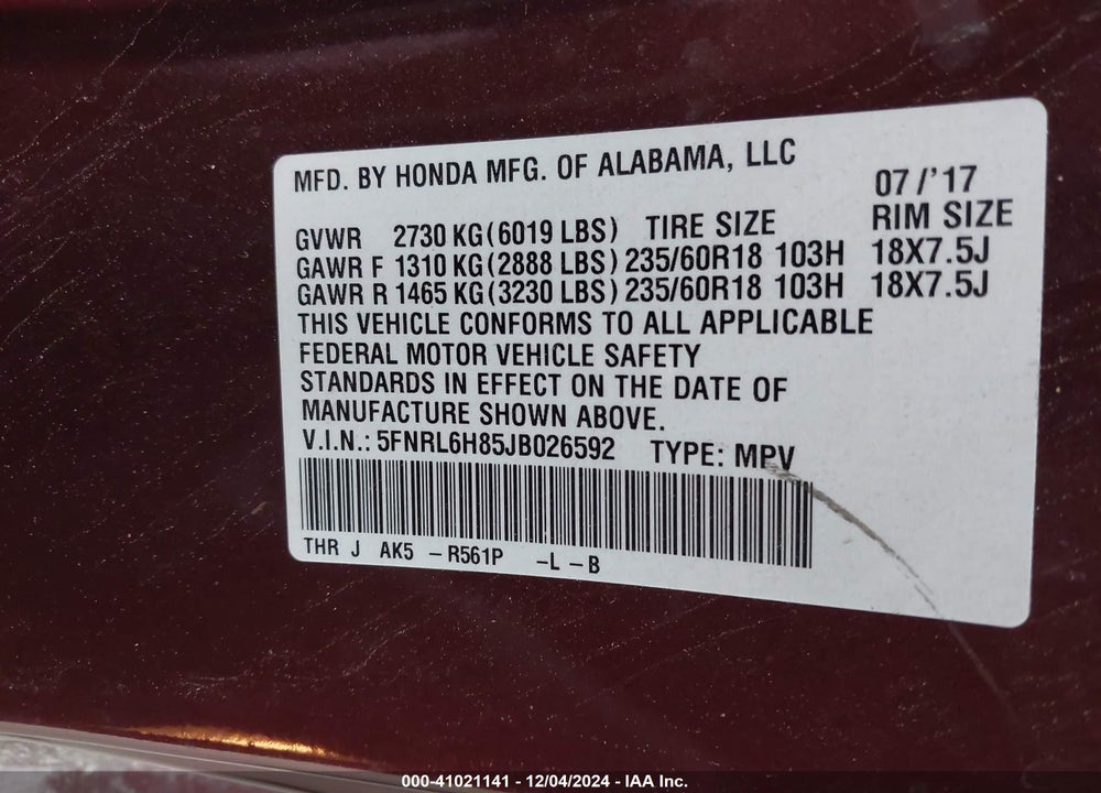 2018 HONDA ODYSSEY TOURING VIN: 5FNRL6H85JB026592