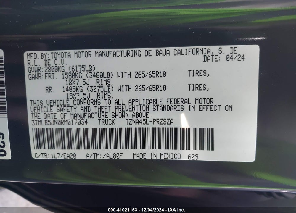 2024 TOYOTA TACOMA DOUBLE CAB/SR5/TRD SPORT/TRD OFF ROAD/LTD VIN: 3TMLB5JN0RM017034