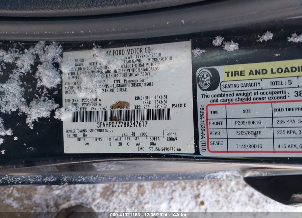 2008 FORD FUSION SE VIN: 3FAHP07Z78R247617