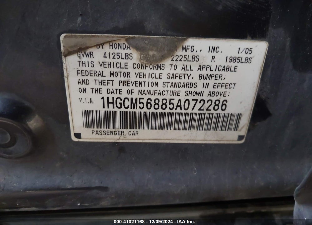 2005 HONDA ACCORD 2.4 EX VIN: 1HGCM56885A072286