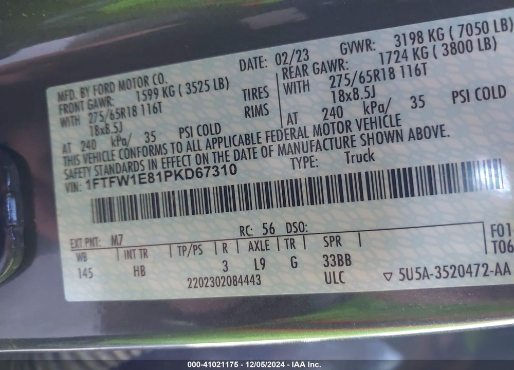 2023 FORD F-150 LARIAT VIN: 1FTFW1E81PKD67310
