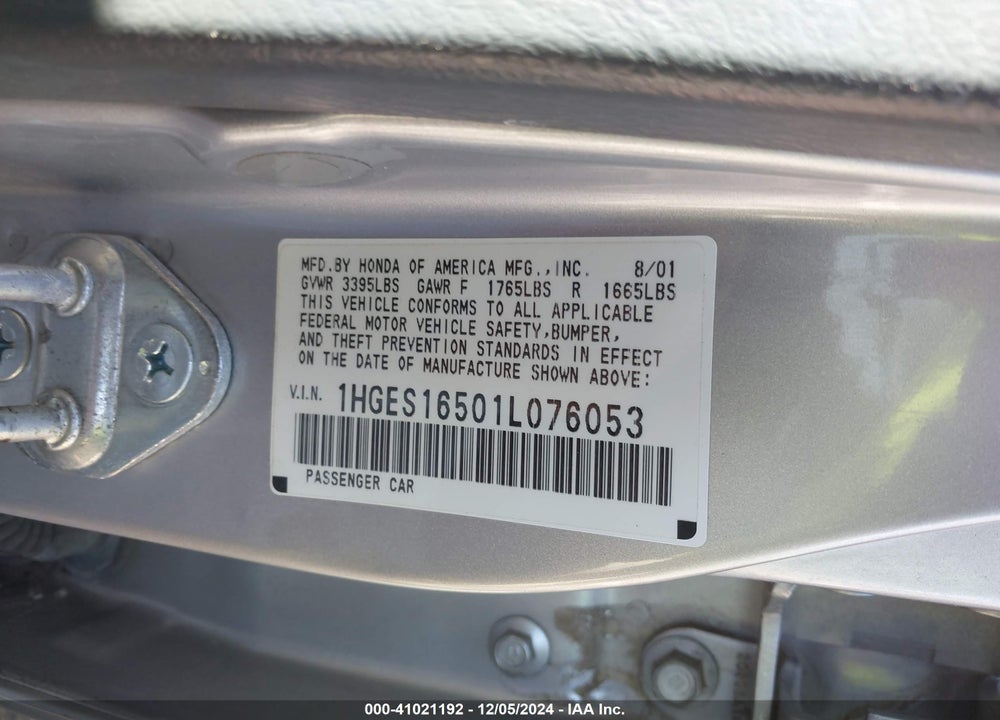 2001 HONDA CIVIC LX VIN: 1HGES16501L076053