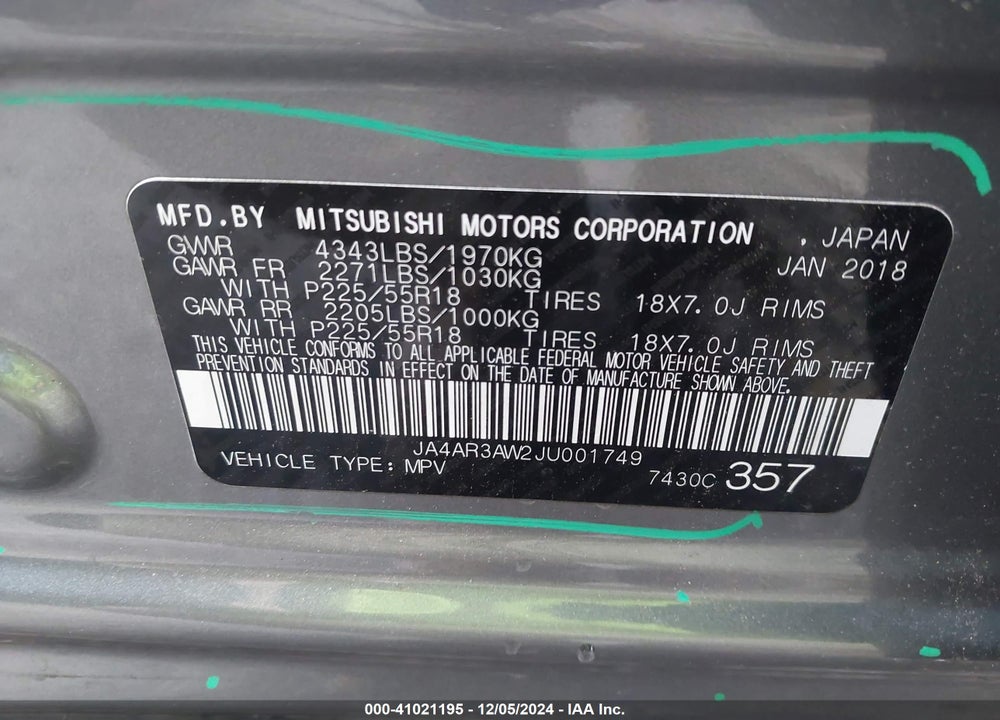 2018 MITSUBISHI OUTLANDER SPORT 2.4 SE VIN: JA4AR3AW2JU001749