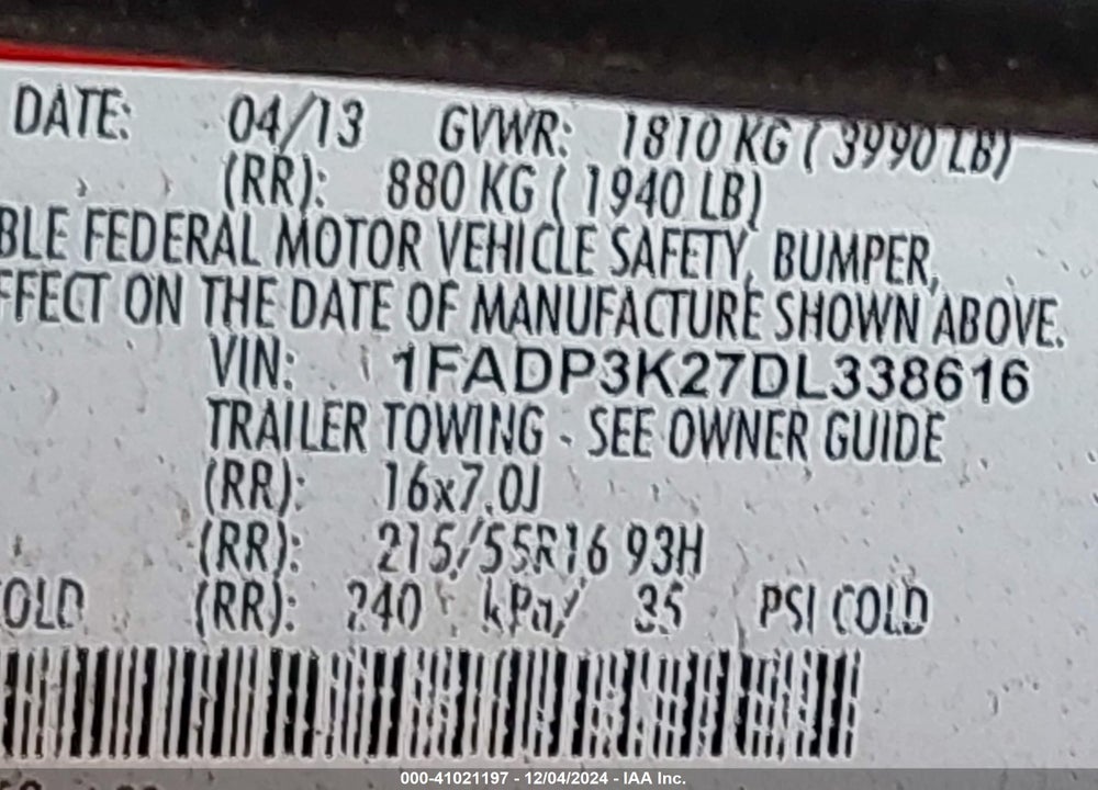 2013 FORD FOCUS SE VIN: 1FADP3K27DL338616