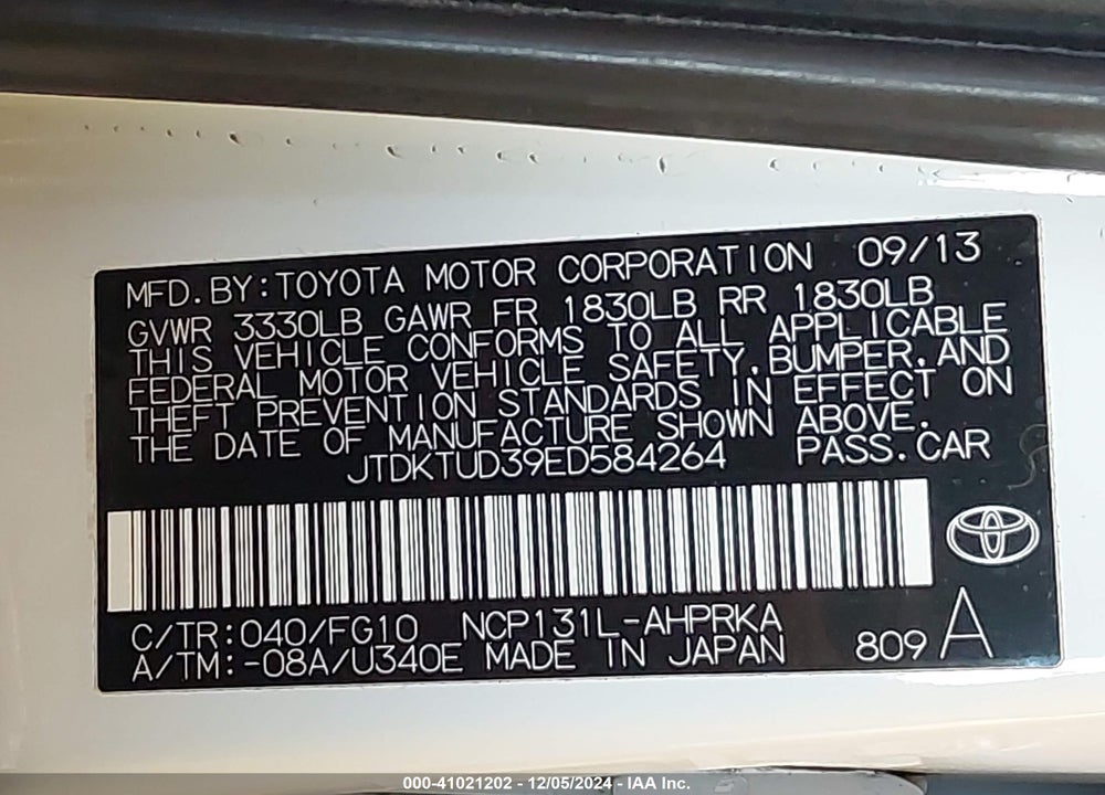 2014 TOYOTA YARIS LE (TMC/CBU PLANT) VIN: JTDKTUD39ED584264