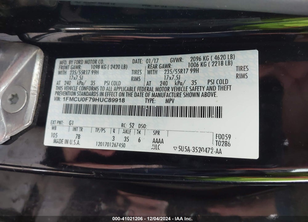 2017 FORD ESCAPE S VIN: 1FMCU0F79HUC89918