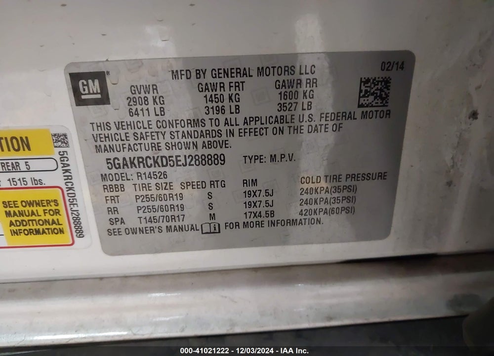 2014 BUICK ENCLAVE PREMIUM VIN: 5GAKRCKD5EJ288889