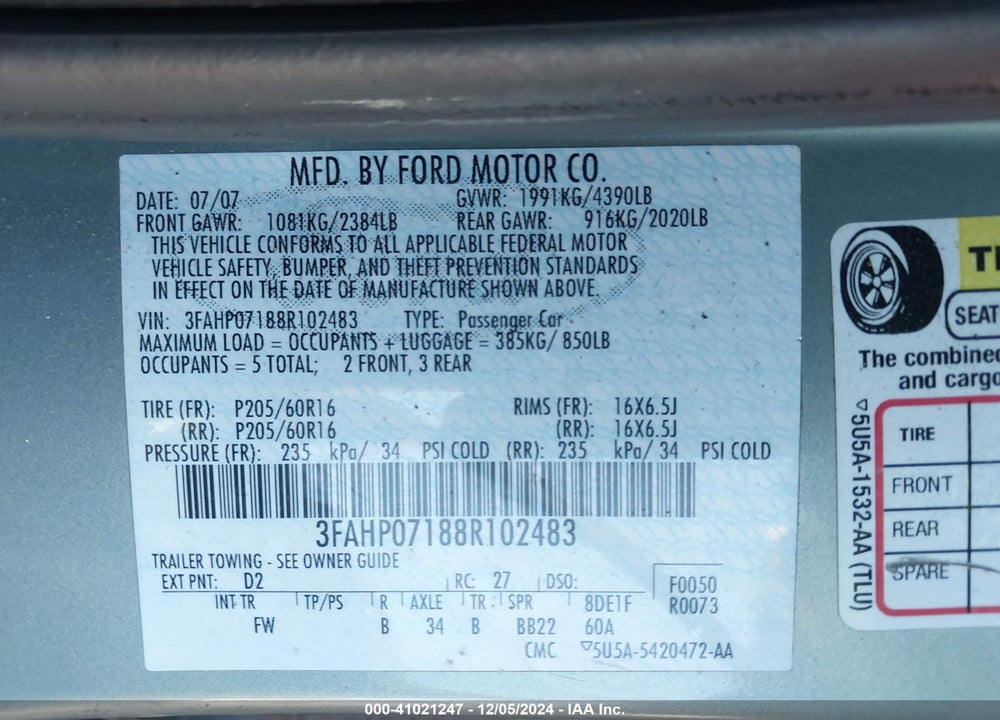 2008 FORD FUSION VIN: 3FAHP07188R102483