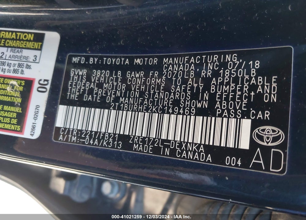 2019 TOYOTA COROLLA LE VIN: 2T1BURHE2KC149469
