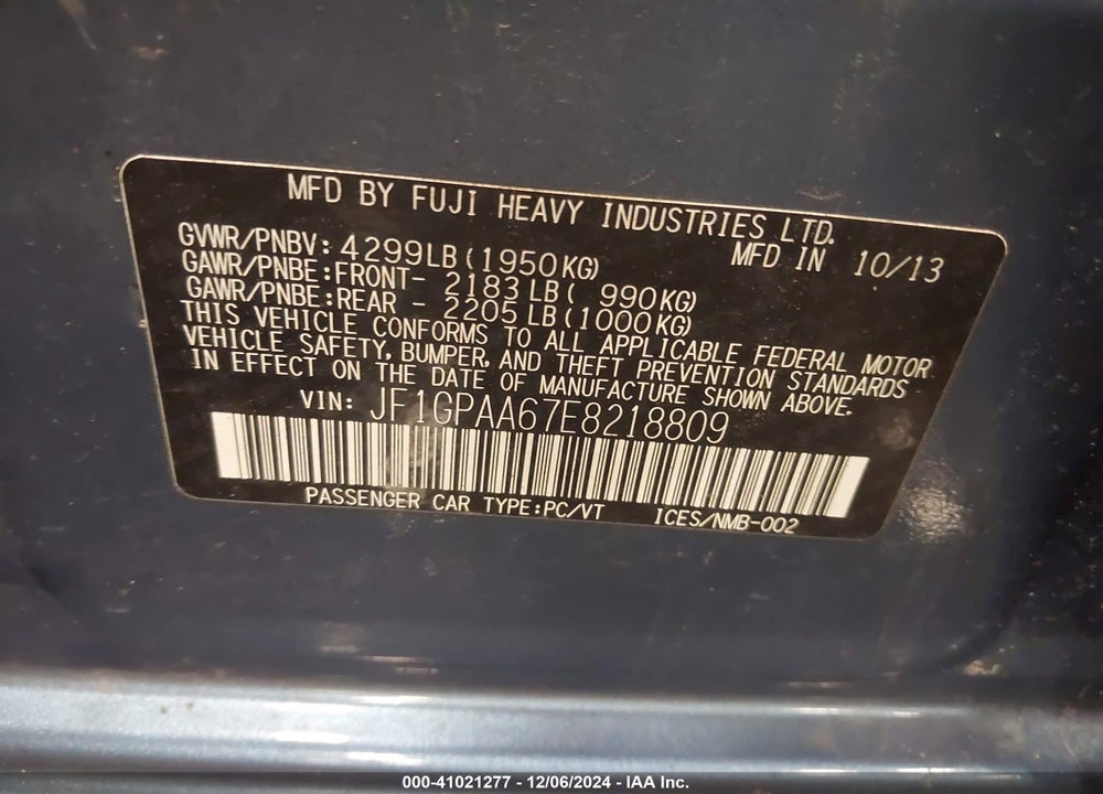 2014 SUBARU IMPREZA 2.0I VIN: JF1GPAA67E8218809