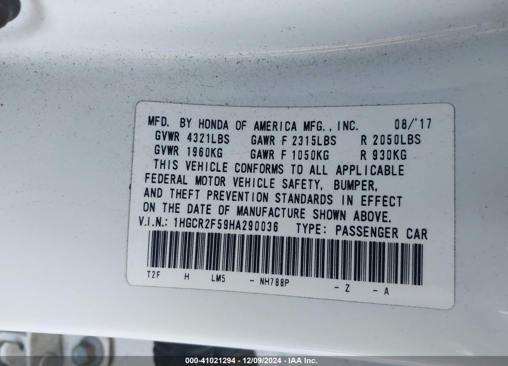 2017 HONDA ACCORD SPORT VIN: 1HGCR2F59HA290036