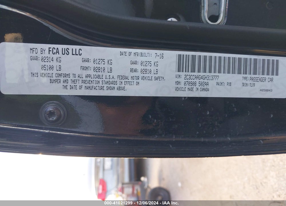 2016 CHRYSLER 300 VIN: 2C3CCAAG4GH313777