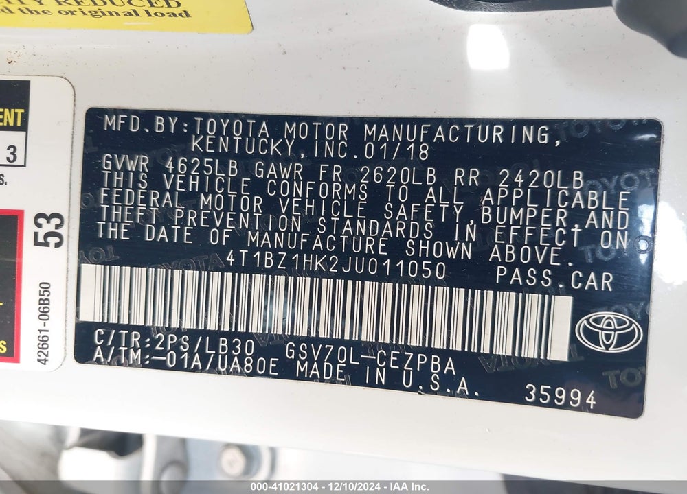2018 TOYOTA CAMRY XSE V6 VIN: 4T1BZ1HK2JU011050