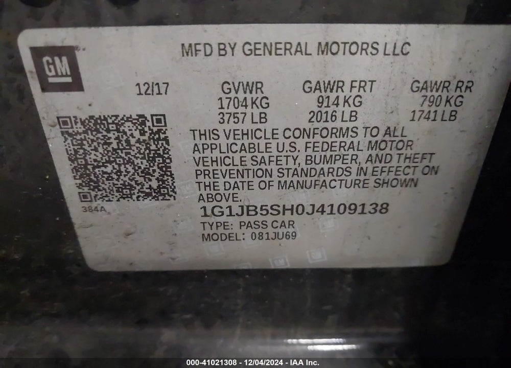 2018 CHEVROLET SONIC LS AUTO VIN: 1G1JB5SH0J4109138