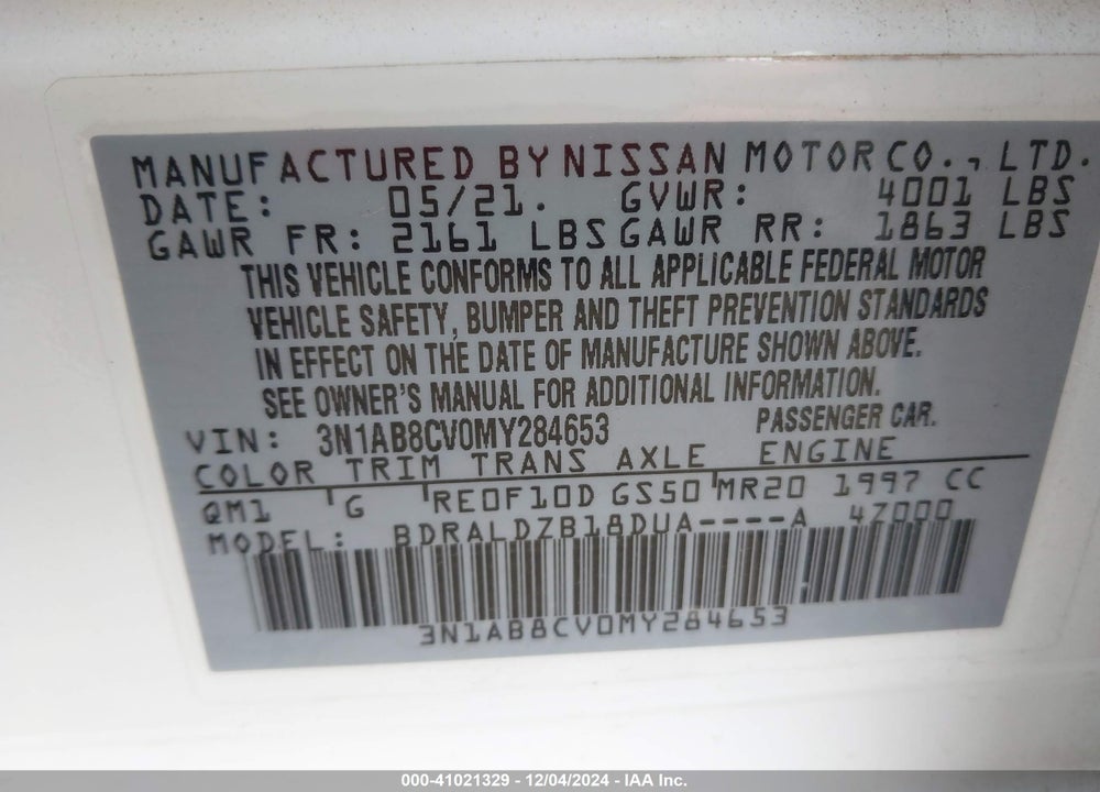 2021 NISSAN SENTRA SV XTRONIC CVT VIN: 3N1AB8CV0MY284653
