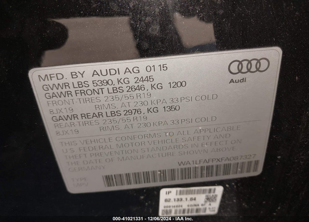 2015 AUDI Q5 VIN: WA1LFAFPXFA087327